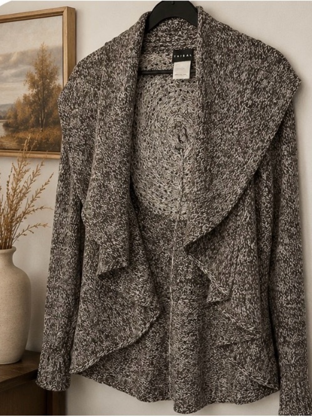 Tribal Size Small Marled Knit Open Front Cardigan Crochet Medallion Back